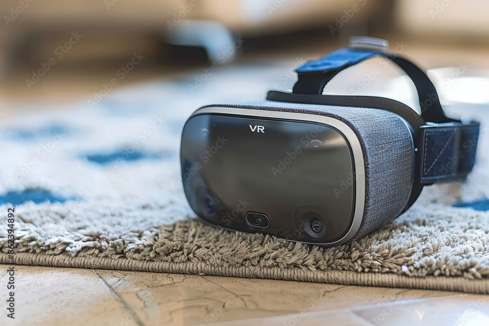 Poster vr headset on carpet in cozy setting displaying advanced virtual reality technology and immersive di