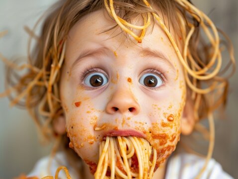 messy child eating spaghetti
