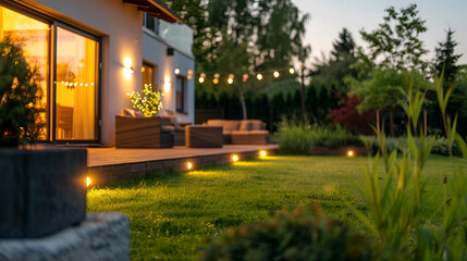 Obraz premium Beautiful Summer evening on the patio of beautiful suburban house with garden ai generative