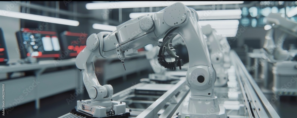 Poster high-tech factory floor with advanced robotic arms in industrial setting
