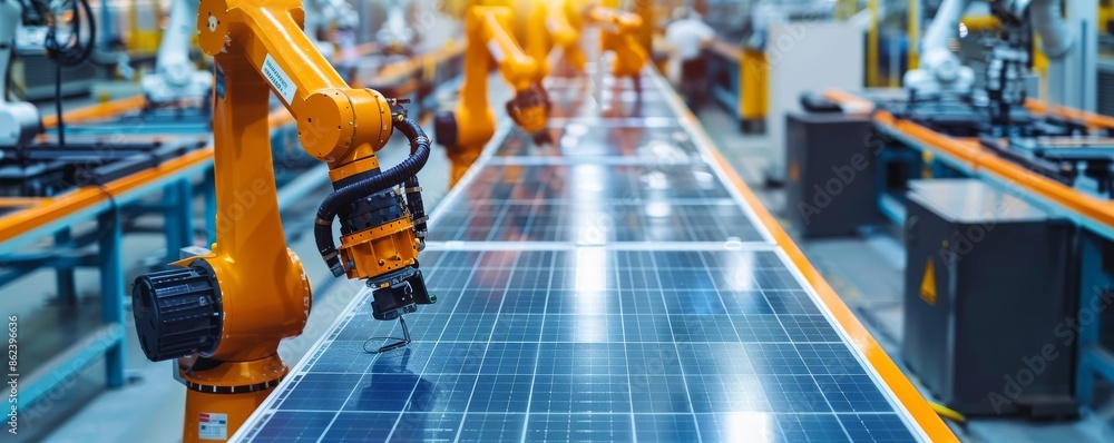 Poster automated robotic arm working on solar panel production line in high-tech factory