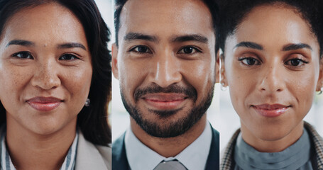 Collage, happy and portrait with business people in video call for corporate communication or collaboration. Diversity, face or smile of man and woman employee team in virtual meeting for planning