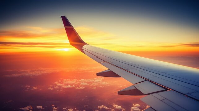 Witness a breathtaking fiery sunset from an airplane window, with fluffy clouds below and a wing in the foreground.