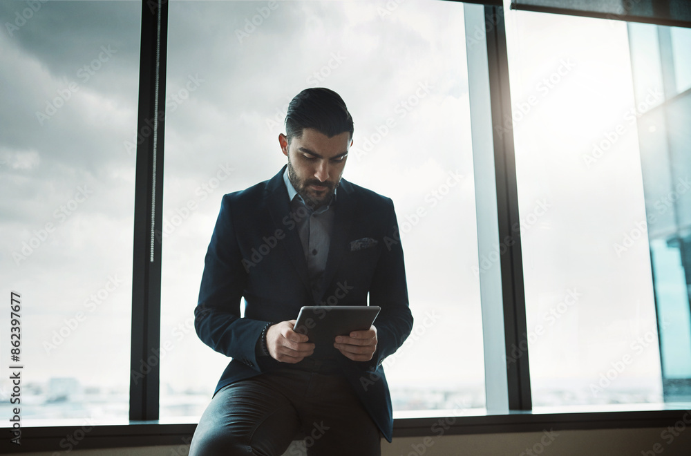 Poster office, research and man at window with tablet for email, online report or info for business consult