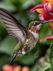 Fototapeta premium Hummingbird feeding on vibrant pink flower