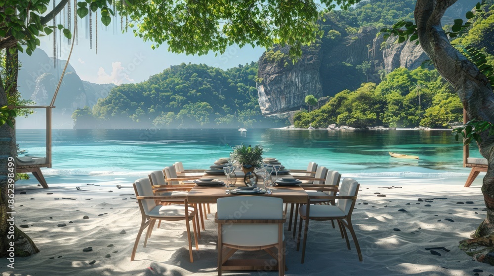 Aufkleber a beautiful beach scene with a long table set up with chairs. generate ai image