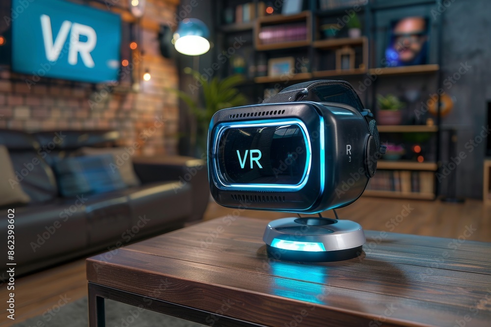 Poster robotic vr device with glowing text in modern environment showcasing advanced virtual reality techno