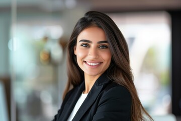 Naklejka premium Confident young professional woman smiling in office