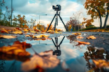 A serene scene of a camera on a tripod reflected in a puddle in a park, with autumn leaves and the sky blending into the reflection, representing the introspective nature of capturing moments.