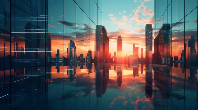 Abstract background of modern city with skyscrapers and office buildings at sunset, reflection on glass windows, blue sky. Concept business environment in urban area.3D rendering illustration. empty s