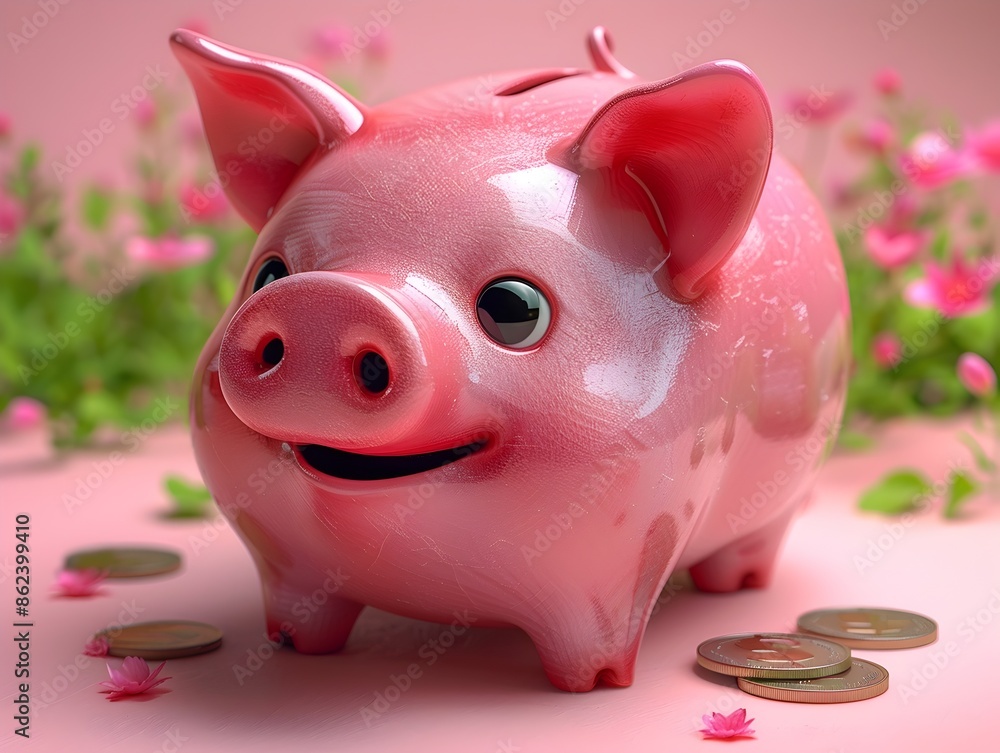 Poster whimsical piggy bank saving money with intricate coin details in minimalist 3d rendering