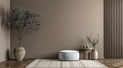 Serene interiors composition in soft dark and earthy tone with minimalist decor. Interior design composition for residential Real Estate.