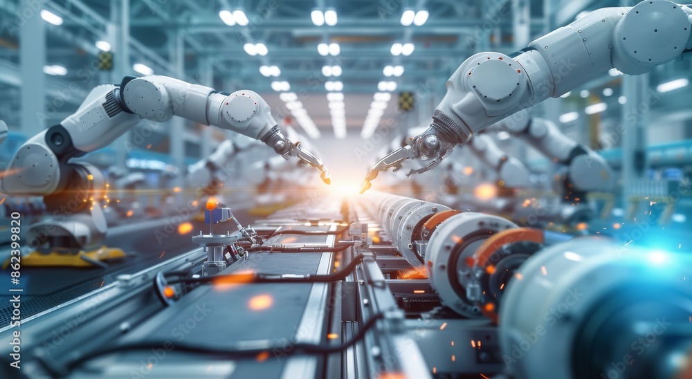 Poster high-tech factory floor with robotic arms working on assembly line for advanced automation