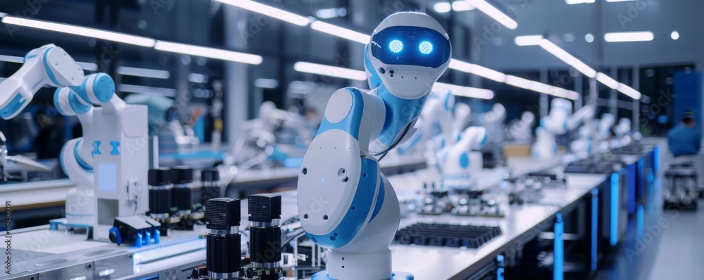 Poster high-tech factory with robotic arms and advanced automated assembly line