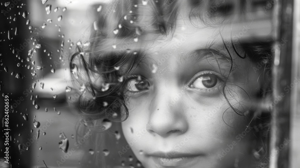 Poster a child peeks through the window of a storefront their curious face reflected against the backdrop o