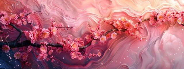 Majestic Marble Backdrop with Ethereal Cherry Blossoms Swirling Smoke and Iridescent Butterflies in