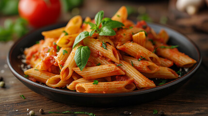 plate of Classic italian pasta penne alla arrabiata  with Tomato Bolognese Sauce . on the table 