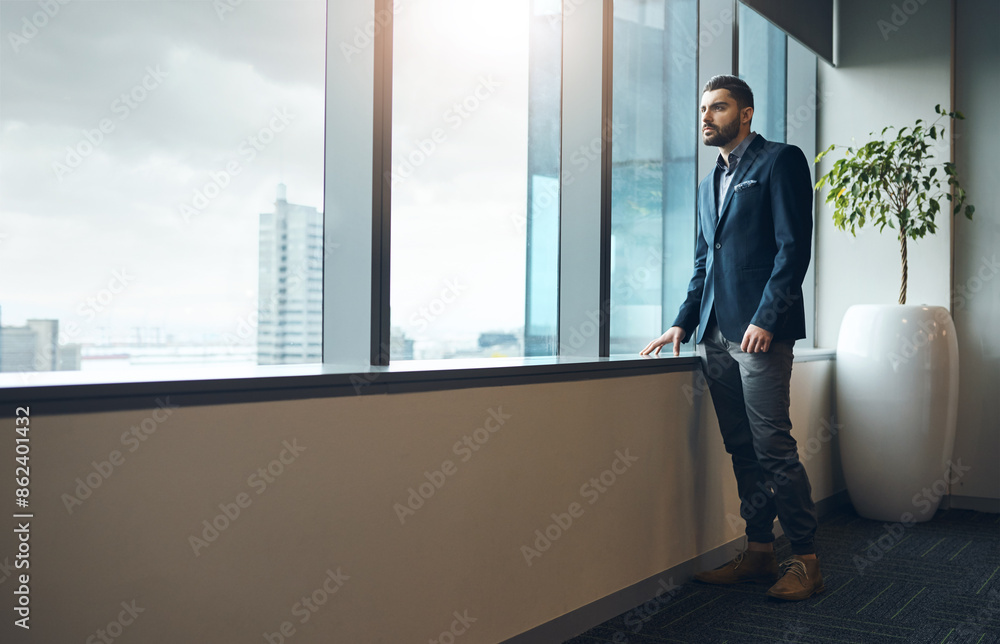 Poster office, thinking and businessman at window with ideas, insight or decision for property developer in