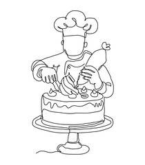 Continuous line art of a man making a delicious cake, vector illustration.
