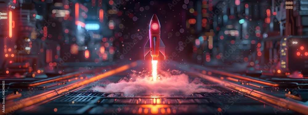 Aufkleber business startup concept with rocket icon on laptop screen and software development workflow