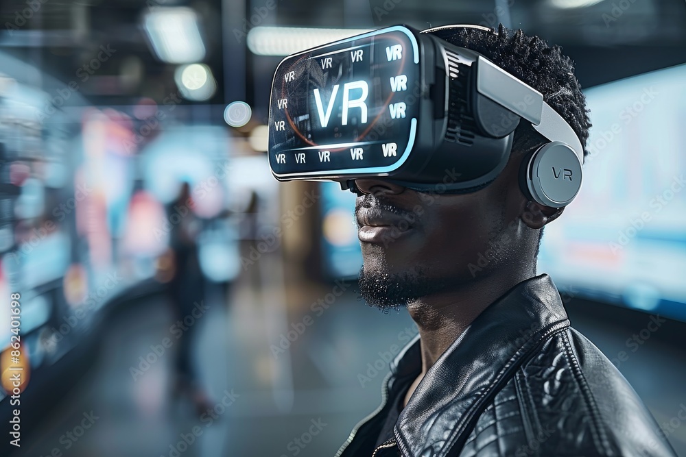Poster person using vr headset in high tech environment showcasing immersive virtual reality technology and