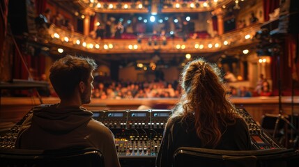 Two people at a control board in a theater, with audience and stage lights in focus.