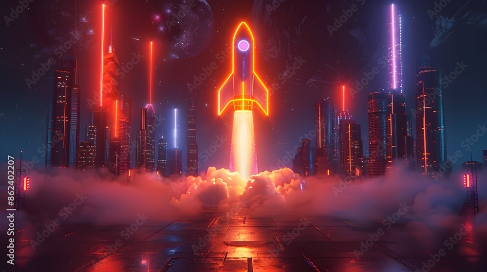 Poster rocket startup concept digital entrepreneurship software development and programming workflow in