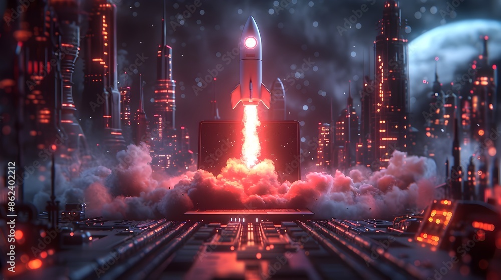 Poster futuristic business startup project with rocket icon and digital workflow framework