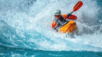 Naklejka premium A kayaker in an orange kayak navigates intense whitewater rapids, showcasing an exhilarating outdoor adventure.