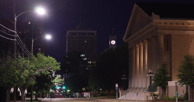 Nighttime view of the historic buildings and skyline of downtown Jackson, Mississippi, USA.