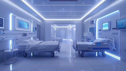 Modern hospital room with advanced medical equipment, clean beds, and futuristic lighting, showcasing healthcare innovation.