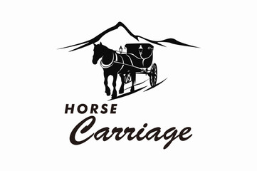 Ancient horse carriage, mountain background, logo design illustration