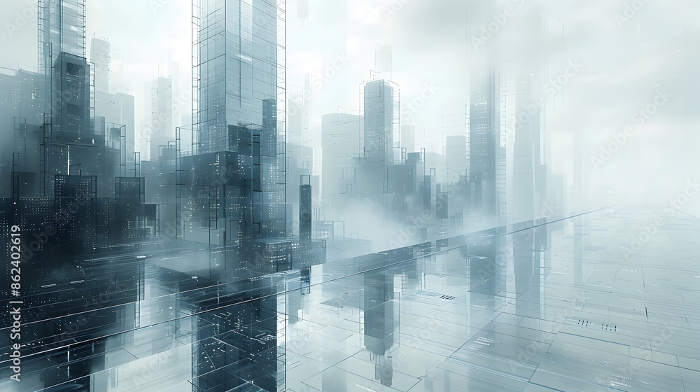 Poster futuristic wireframe architecture in 3d rendered graphic art style
