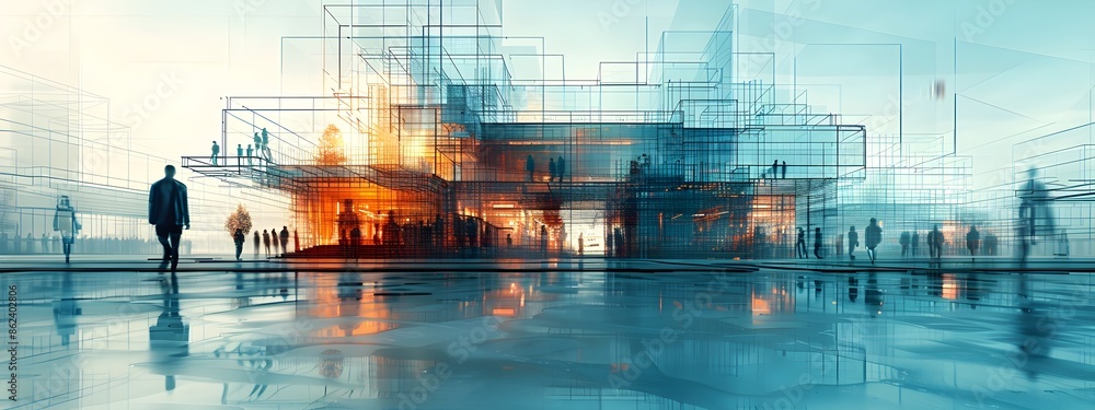 Poster futuristic wireframe architecture a 3d rendered graphic art showcase of innovative city structures
