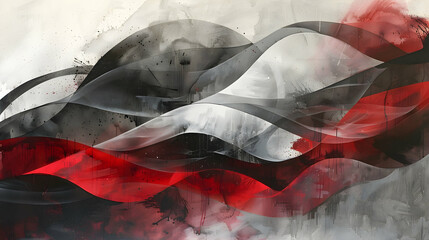 Abstract painting in ruby red and charcoal gray, exploring the interplay between fluidity and structured shapes