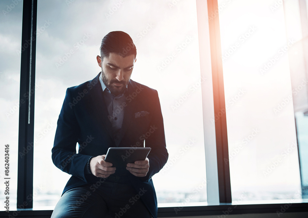 Aufkleber office, reading and man at window with tablet for email, online report or review for business consul