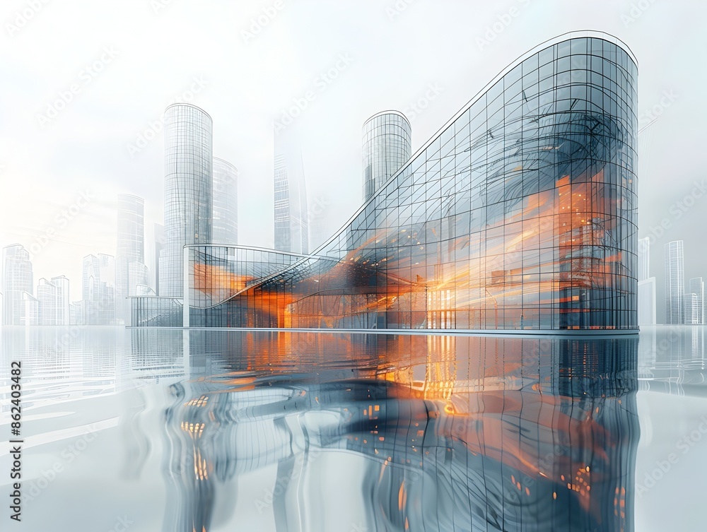Poster futuristic wireframe architectural structure in minimalist city landscape 3d rendering