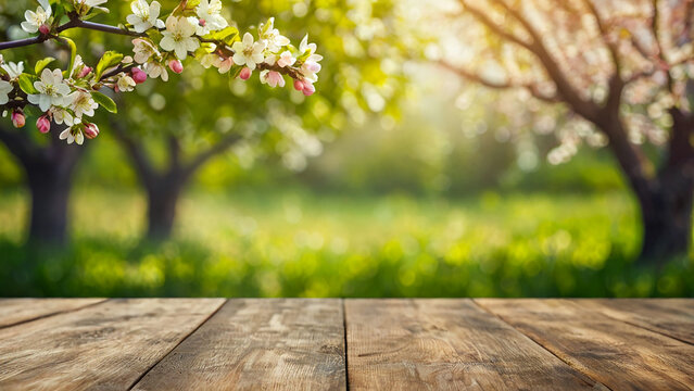 beautiful spring background with a wooden table and blurred green background