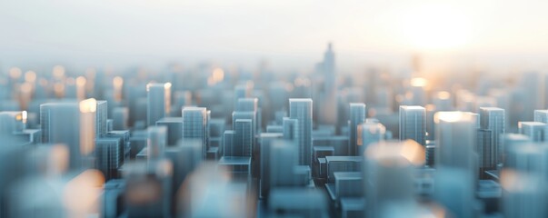 Aerial view of a modern city skyline at dawn, with high-rise buildings bathed in soft morning light and a hazy atmosphere.