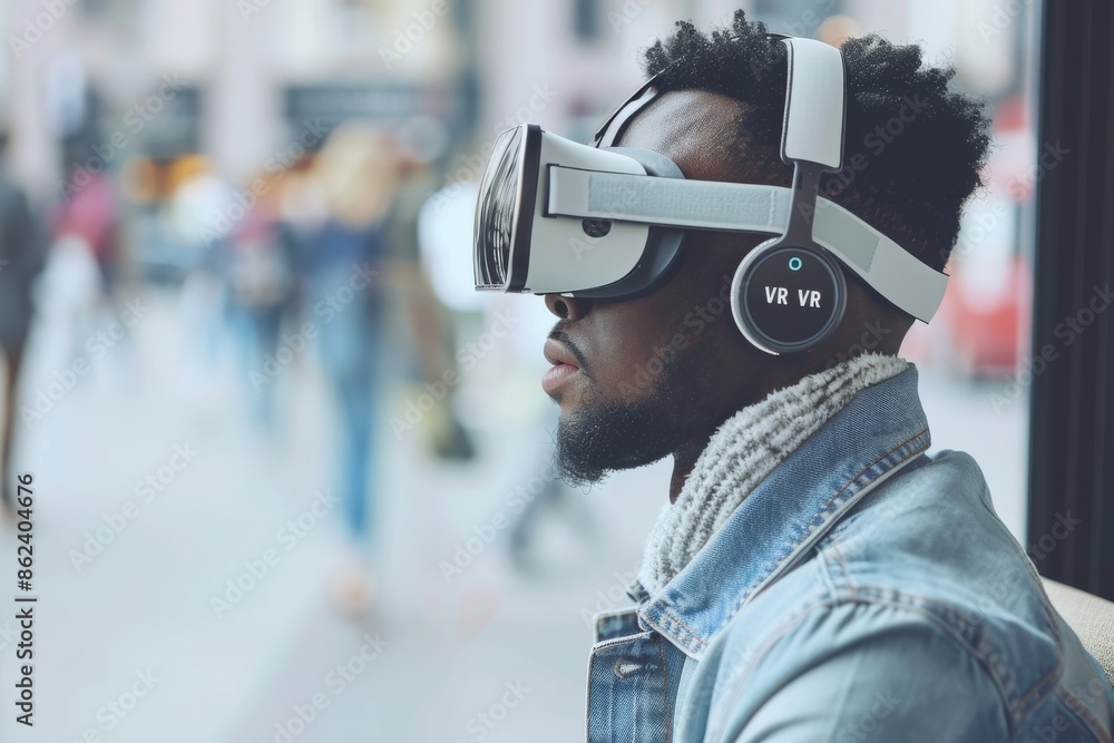 Poster person using vr headset in crowded place showcasing immersive virtual reality technology and advance