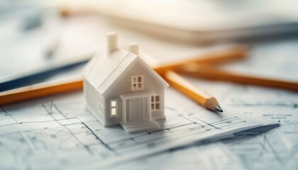 Architectural model of a house placed on construction blueprints with pencils, representing architectural planning and home design.