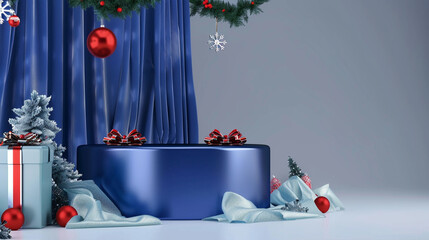A collection of festive holiday scenes featuring elegant blue and red drapes, Christmas decorations, and gift boxes, creating a sophisticated and celebratory atmosphere