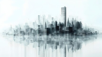 Modernist Skyscraper in Wireframe Gleaming Cityscape Graphic Art Render