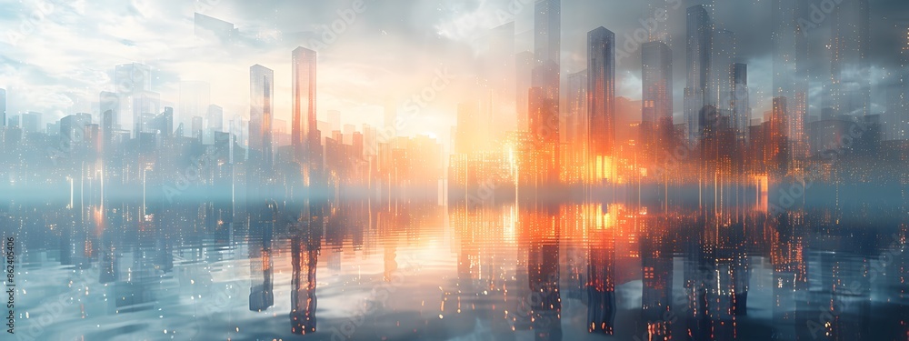 Aufkleber modernist wireframe skyscraper in gleaming generative 3d cityscape