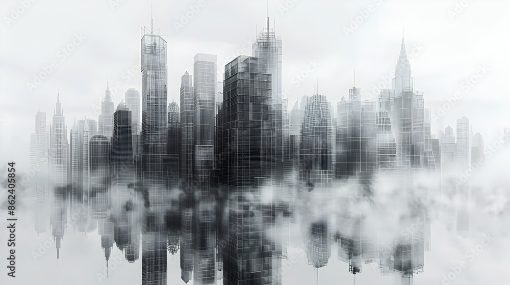 Poster modernist skyscraper in gleaming wire frame cityscape generative 3d render