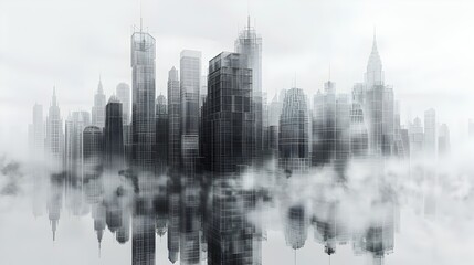 Modernist Skyscraper in Gleaming Wire Frame Cityscape   Generative 3D Render