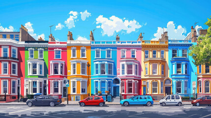 A vibrant scene in Notting Hill, London, unfolds with a row of colorful houses. 