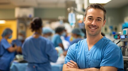 Fototapeta premium Confident male surgeon in blue scrubs in a busy hospital surgery room. Medical teamwork in action. Professional healthcare staff at work. High-quality, professional stock photo