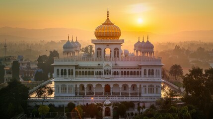 Obraz premium Intricate architecture with a golden dome, a beautiful palace at sunrise, detailed and majestic, raw style, vibrant colors