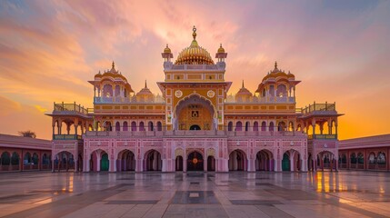 Obraz premium Intricate architecture with a golden dome, a beautiful palace at sunrise, detailed and majestic, raw style, vibrant colors